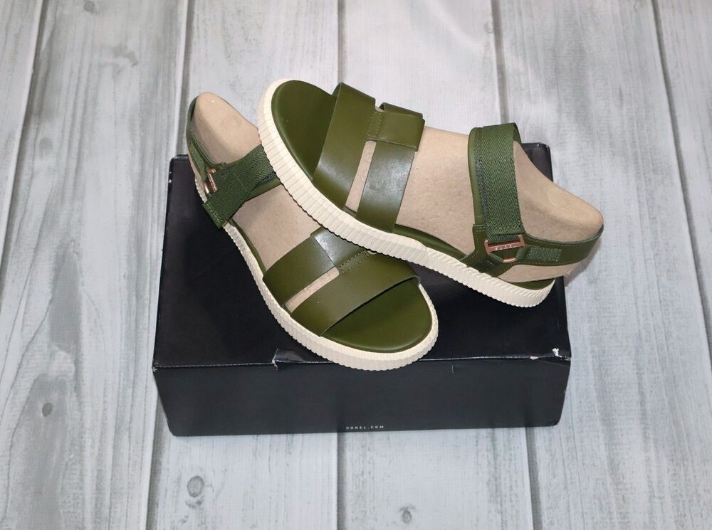 New Sorel Women's Ona Ave Leather Slingback Ankle Strap Flat Sandals, Green, 8.5